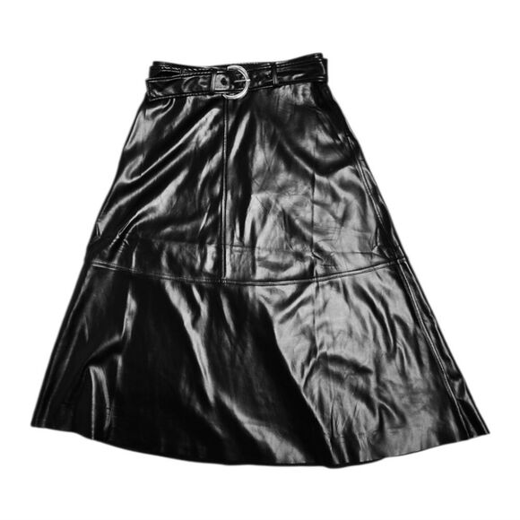 NEW Bailey‎ 44 black belted vegan leather midi skirt S - Picture 1 of 9
